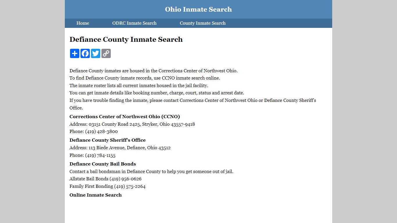 Defiance County Inmate Search